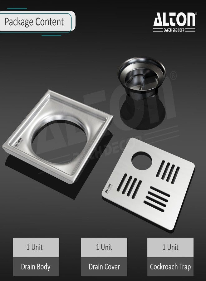 ALTON ALD1001, SS-304 Grade, 5x5 INCH Cut, Bathroom Grating Square Floor Drain Jali with ABS Cockroach Trap, Matte - Image 4